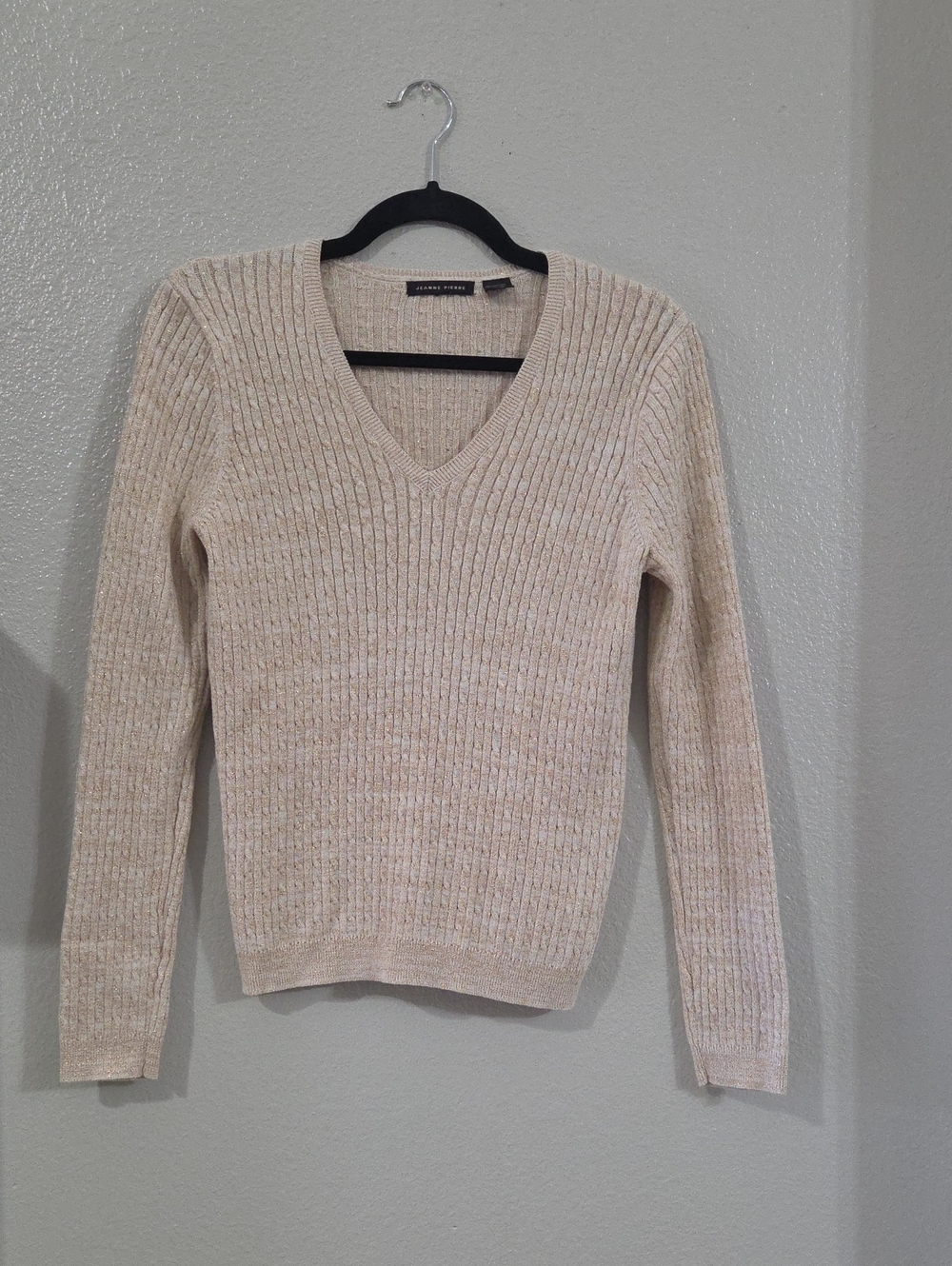 JEANNE PIERRE Cream Ribbed V-Neck Sweater